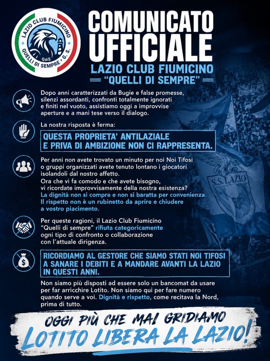 COMUNICATO UFFICIALE
LAZIO CLUB FIUMICINO “QUELLI DI SEMPRE”